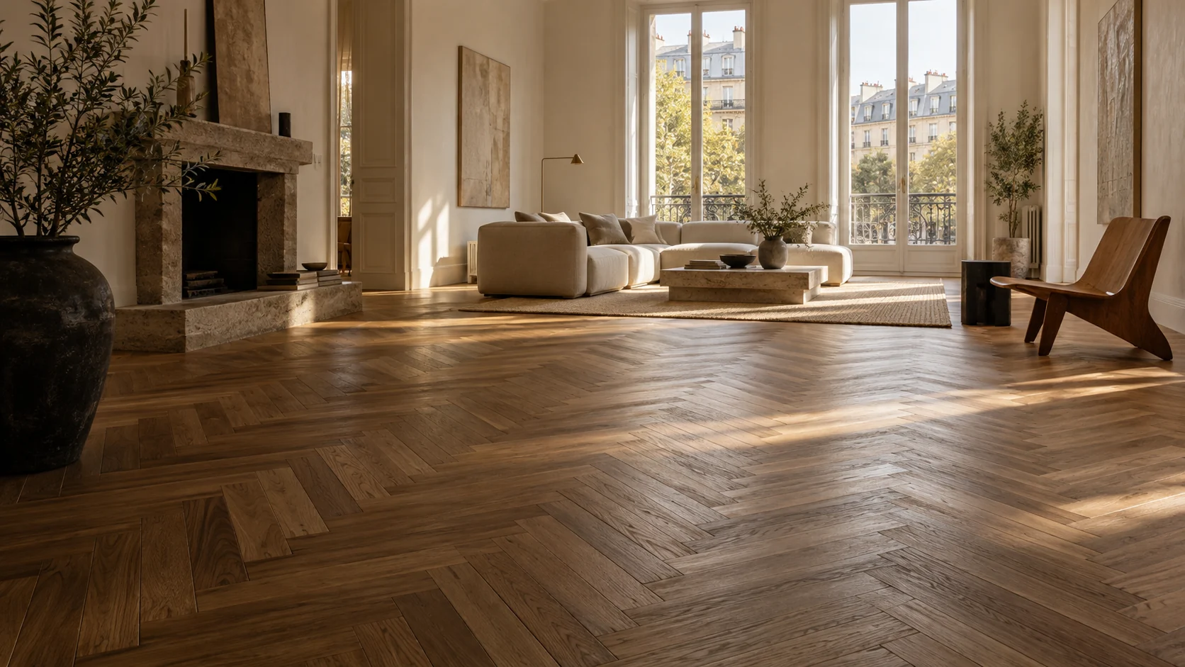 Illustrative interior with herringbone parquet