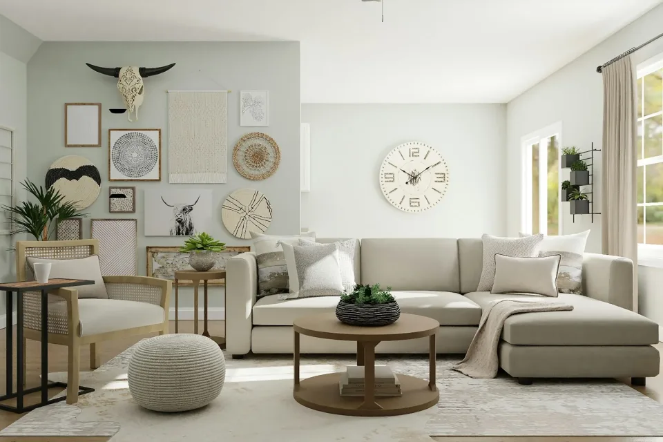 Pale upholstery and timber details in a compact room