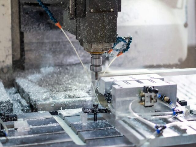 A milling machine cutting an aluminium part