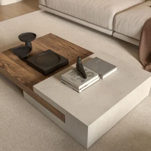 Elegant modern living room featuring a textured coffee table, cozy couch, and minimal decor.