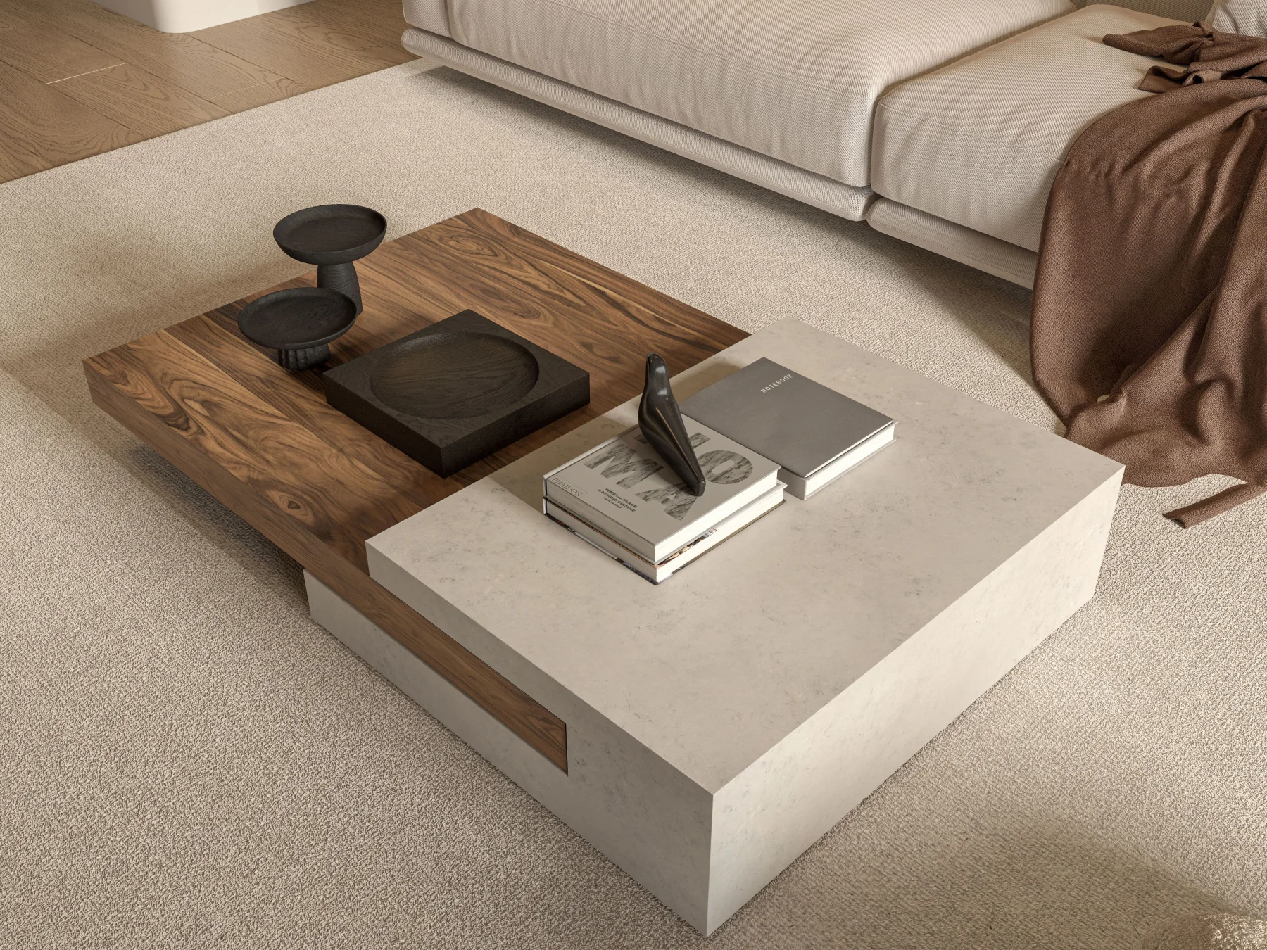 Elegant modern living room featuring a textured coffee table, cozy couch, and minimal decor.